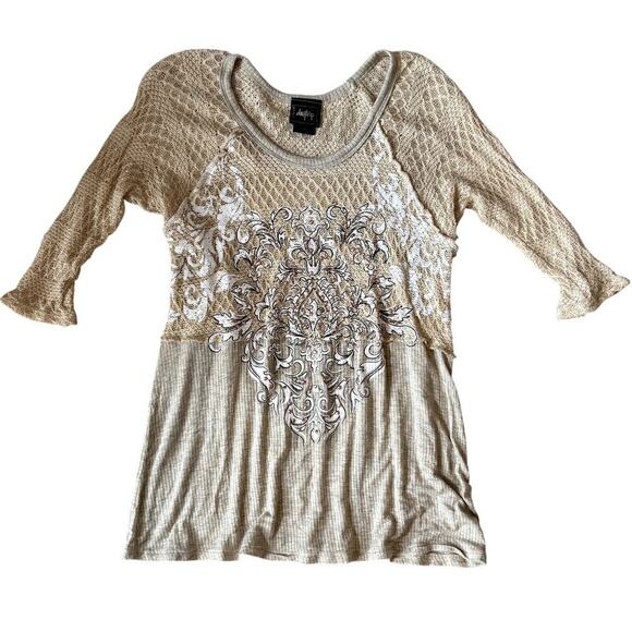 Daytrip Tops - Beige Knit and Flowy Fleur de Lis Rhinestone Detail Top Women's Size XS